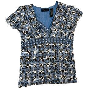 Vtg Y2K V-Neck Blouse Womens Medium Geometric Brown Blue Indie Fairy Boho Top